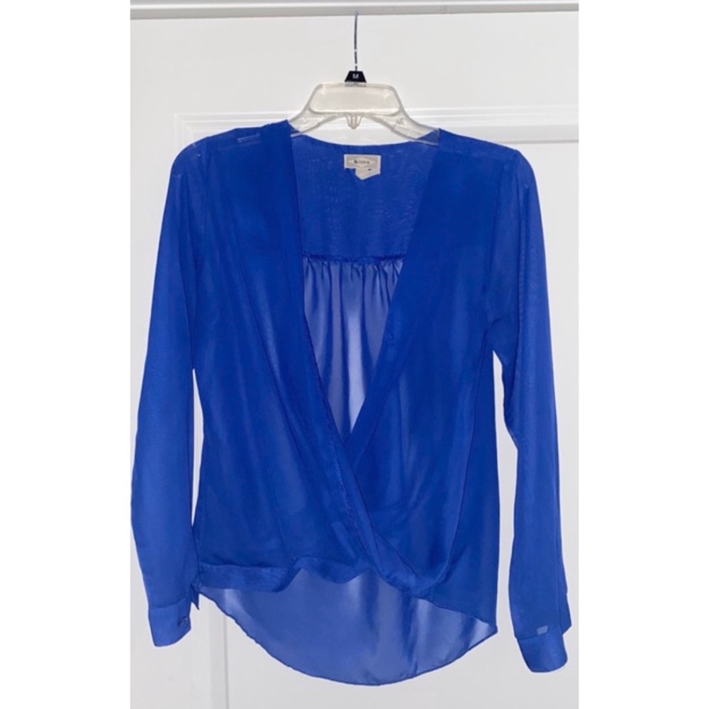 Blue Sheer Long Sleeve Low Cut Blouse